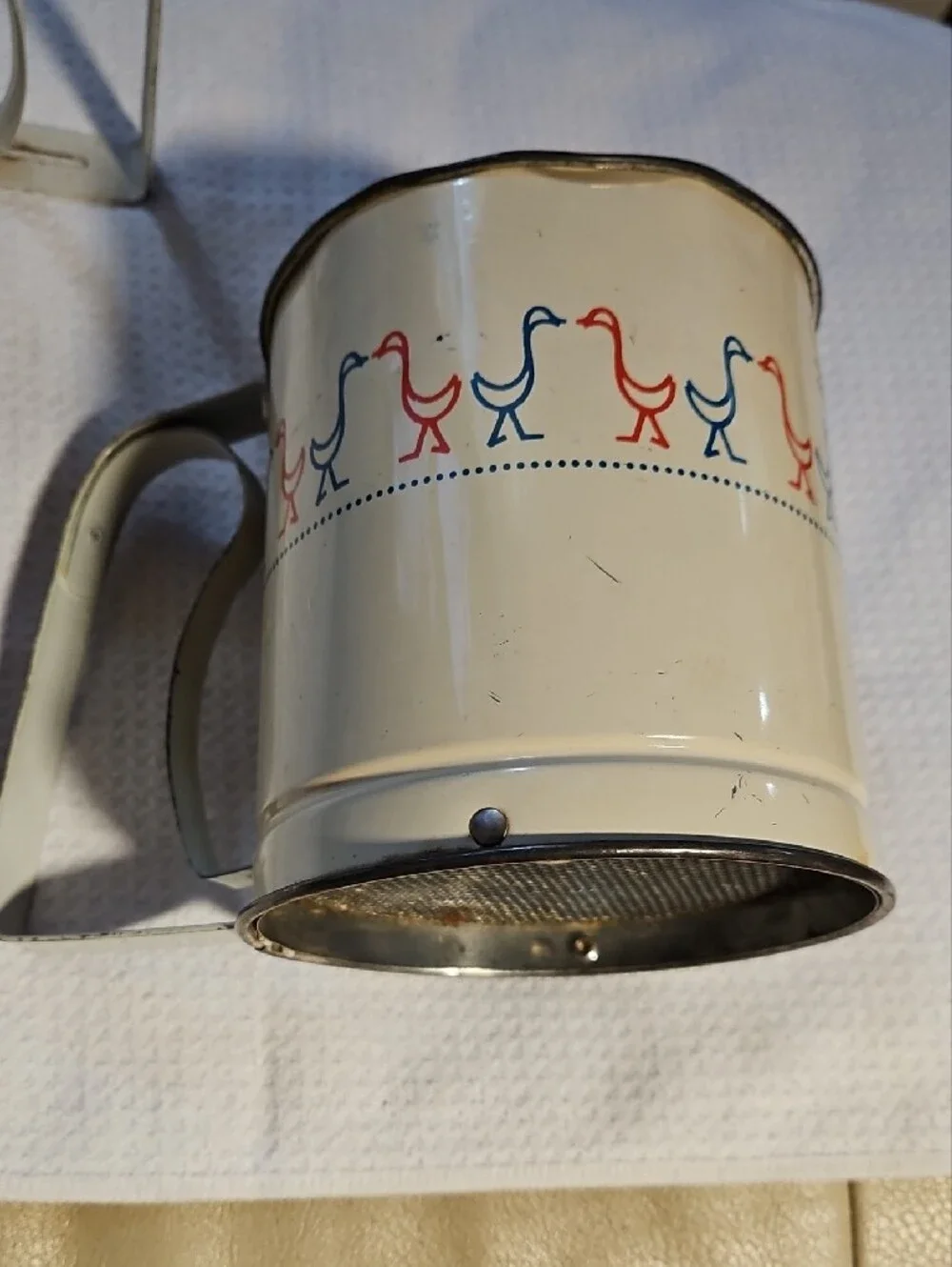 Vintage Androck Large & Small Flour Sifters with Blue & Red Bird Motif